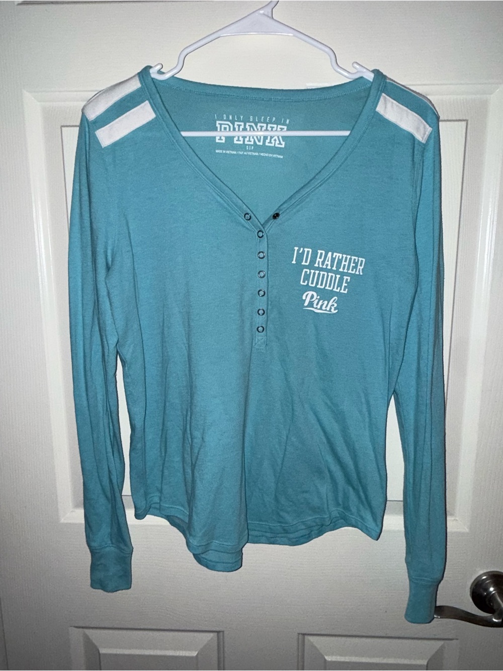 PINK Victoria's Secret Teal Long-Sleeve Henley with White Shoulder Stripes